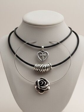 James Avery bundle: 3 necklaces cross heart rose zebra animal leather collet